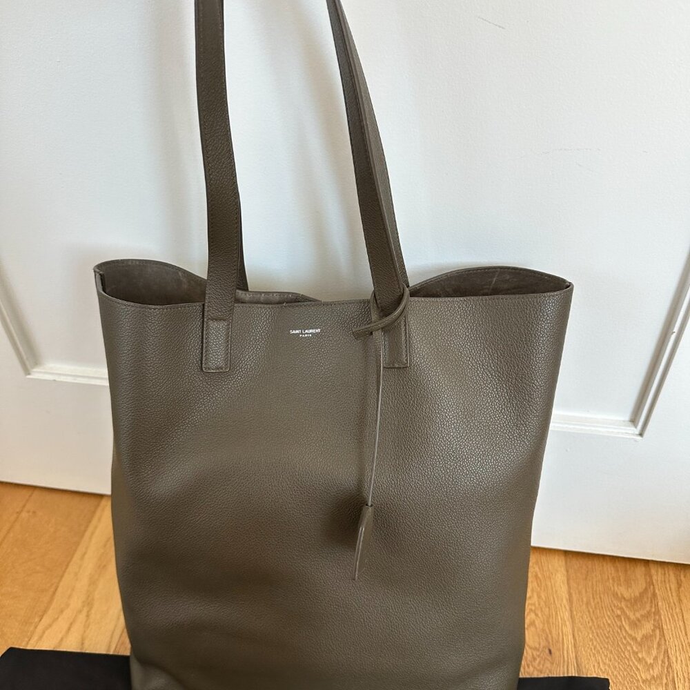 Saint Laurent Bold Shopping Bag With Zipped Pouch Leather Khaki Purse - Picture 4 of 16